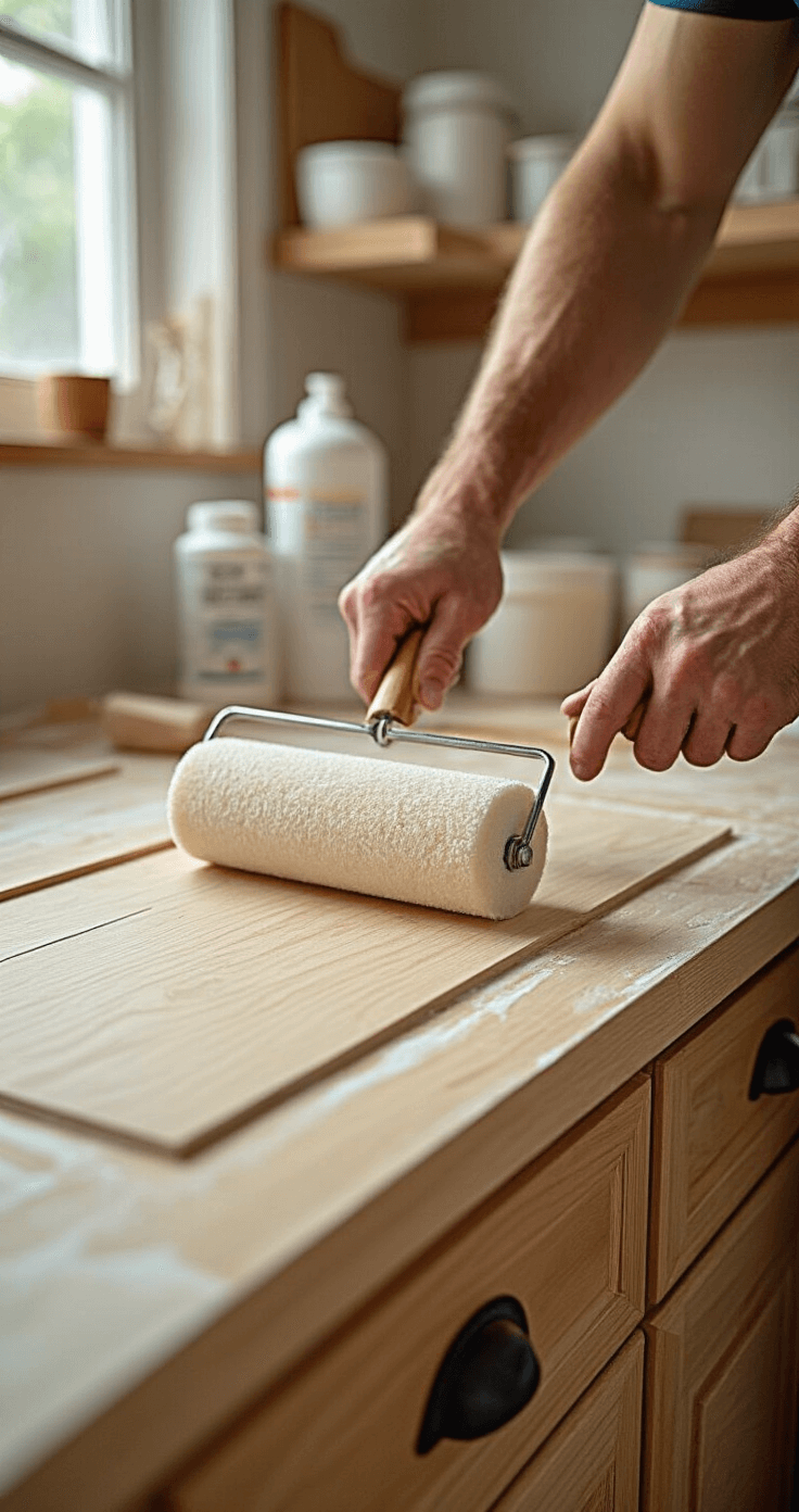 How to Paint Kitchen Cabinets Like a Pro: A Complete DIY Makeover Guide Close-up shot of a kitchen cabinet door being primed with a foam roller, showcasing wood grain texture and organized painting supplies in a well-lit workshop.