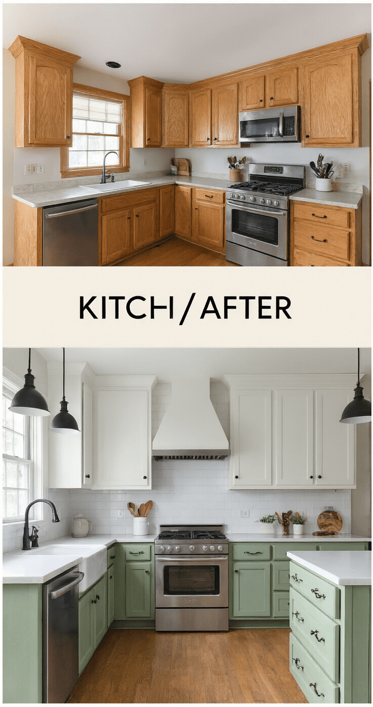 How to Paint Kitchen Cabinets Like a Pro: A Complete DIY Makeover Guide Before-and-after split frame of a kitchen corner showing dated oak cabinets on the left and a transformed sage green painted finish on the right, complete with matching hardware. The scene is styled with minimal decor under natural morning light and professional fill, highlighting the renovation's dramatic impact.