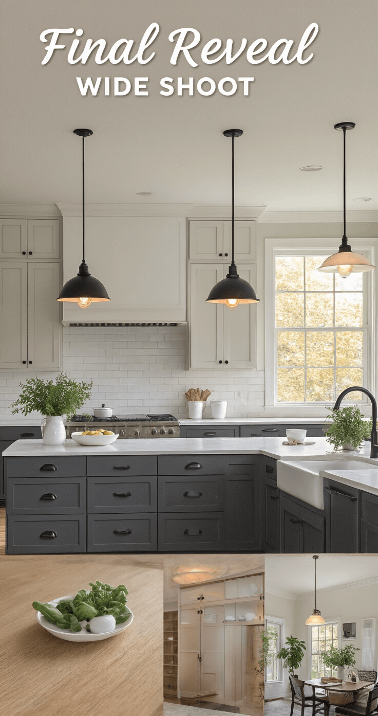 How to Paint Kitchen Cabinets Like a Pro: A Complete DIY Makeover Guide A wide-angle view of a beautifully transformed kitchen during golden hour, showcasing charcoal gray cabinets with matte black hardware, pendant lights emitting a warm glow, styled white ceramics and greenery on the countertops, and soft lighting complemented by natural backlighting through the windows.