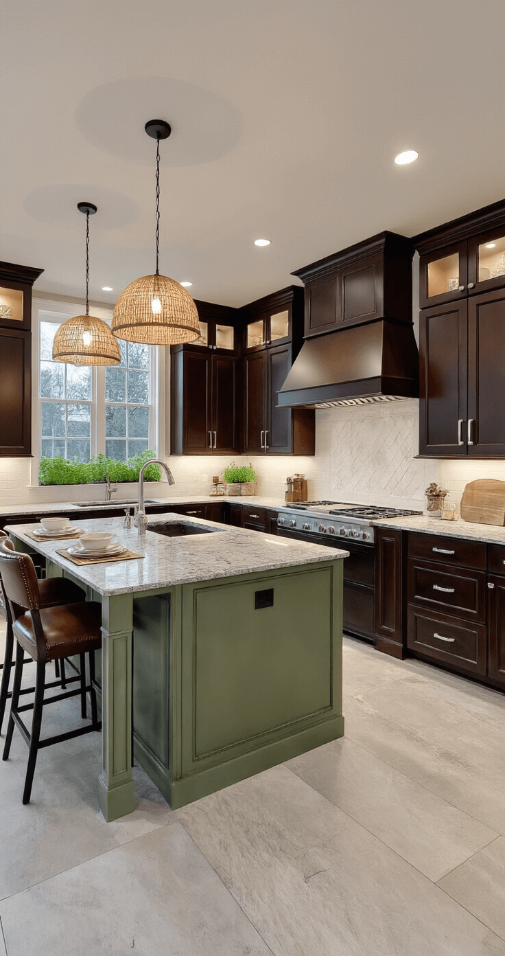 Dark Brown Kitchen Cabinets: A Timeless Design Choice for Warmth and Sophistication A low-angle shot of a spacious open-concept kitchen at dusk, featuring dark chocolate raised-panel cabinets with glass uppers, a sage green island with leather barstools, and polished granite counters with dramatic veining. Woven pendant lights illuminate the area, creating an intimate atmosphere, while an herb garden sits in the window, all within a transitional style that blends traditional and modern elements.