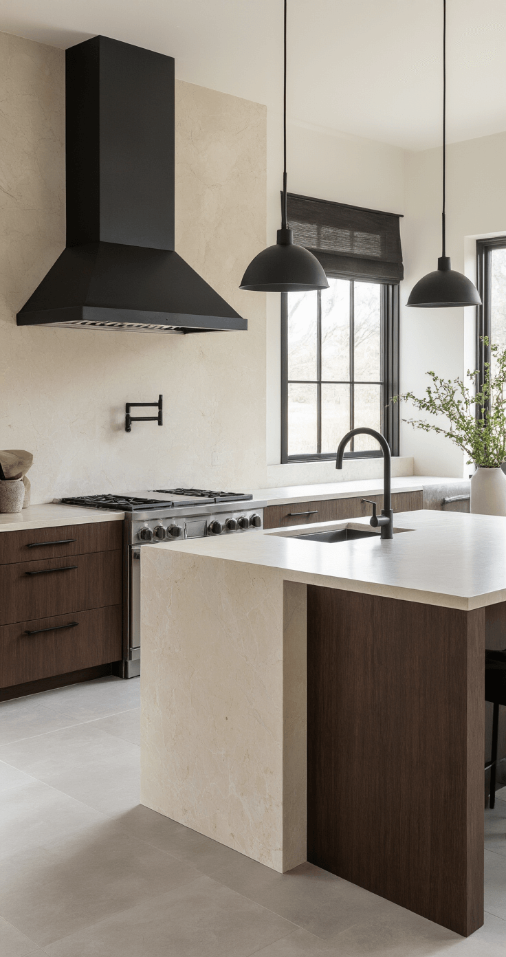 Dark Brown Kitchen Cabinets: A Timeless Design Choice for Warmth and Sophistication A modern kitchen featuring dark brown wood-grain cabinets, a cream and gray waterfall quartzite island, a blackened steel range hood, minimalist black pendant lights, and large format porcelain floor tiles, captured in soft morning light from an angled perspective.