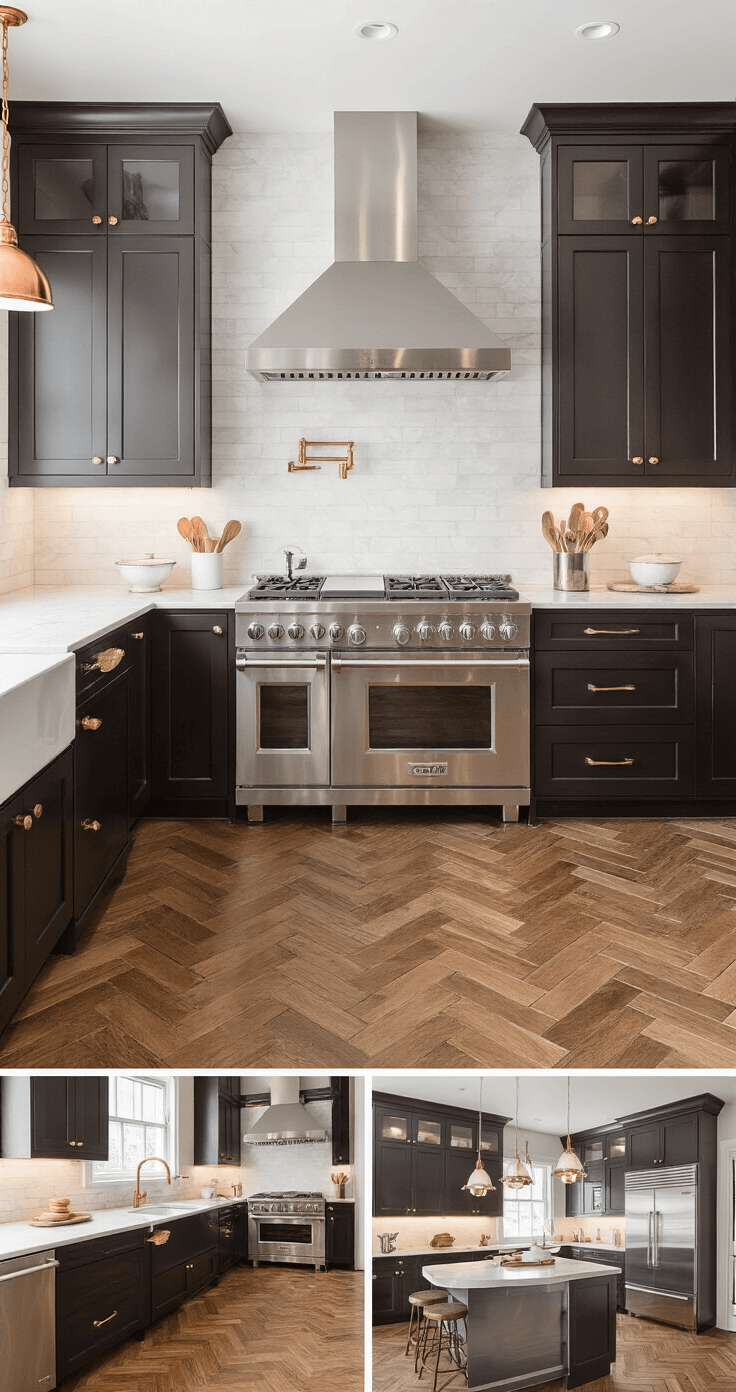 Dark Brown Kitchen Cabinets: A Timeless Design Choice for Warmth and Sophistication A luxurious chef's kitchen featuring dark espresso custom cabinets, stainless steel appliances, a full-height white marble backsplash, mixed metal fixtures, and herringbone hardwood floors, captured from multiple angles with professional studio lighting highlighting its textures and details.