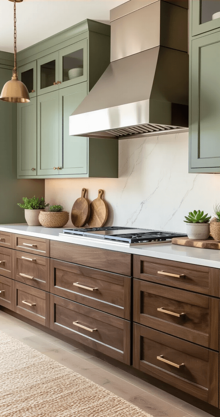 Ultimate Guide to Kitchen Wood Cabinets: Transform Your Cooking Space with Timeless Elegance A transitional kitchen featuring walnut base cabinets and sage green upper units, illuminated by golden hour light. The scene includes a brushed nickel custom range hood, cream quartz countertops with subtle veining, and vintage-inspired pendants, styled with cutting boards, succulents, and textiles.