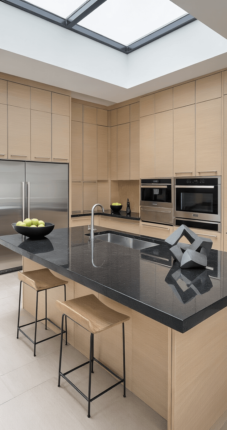 Ultimate Guide to Kitchen Wood Cabinets: Transform Your Cooking Space with Timeless Elegance Dramatic wide-angle shot of a modern industrial kitchen showcasing glossy frameless maple cabinets, a striking 10-foot black granite waterfall island, and commercial-grade smoked stainless appliances, illuminated by afternoon skylight reflections, with minimalist decor featuring geometric sculptures and black ceramics.