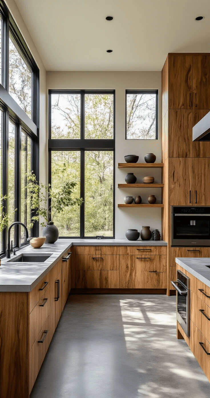Ultimate Guide to Kitchen Wood Cabinets: Transform Your Cooking Space with Timeless Elegance Contemporary kitchen with hickory cabinets showcasing dramatic grain patterns, concrete countertops, floor-to-ceiling windows, open shelving with minimalist pottery, and modern appliances, captured in warm morning light from an island perspective.