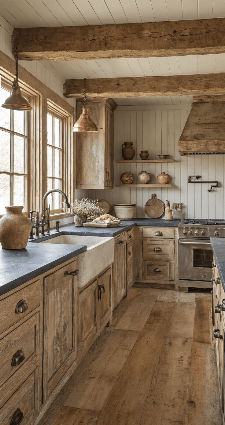 Ultimate Guide to Kitchen Wood Cabinets: Transform Your Cooking Space with Timeless Elegance A rustic-modern kitchen featuring distressed oak cabinets with beadboard, soapstone counters, and a farmhouse sink, illuminated by warm late afternoon sunlight. The space is accented with mixed metals, exposed wooden beams, and styled with vintage scales, earthenware crocks, and dried herbs, creating a cozy ambiance.