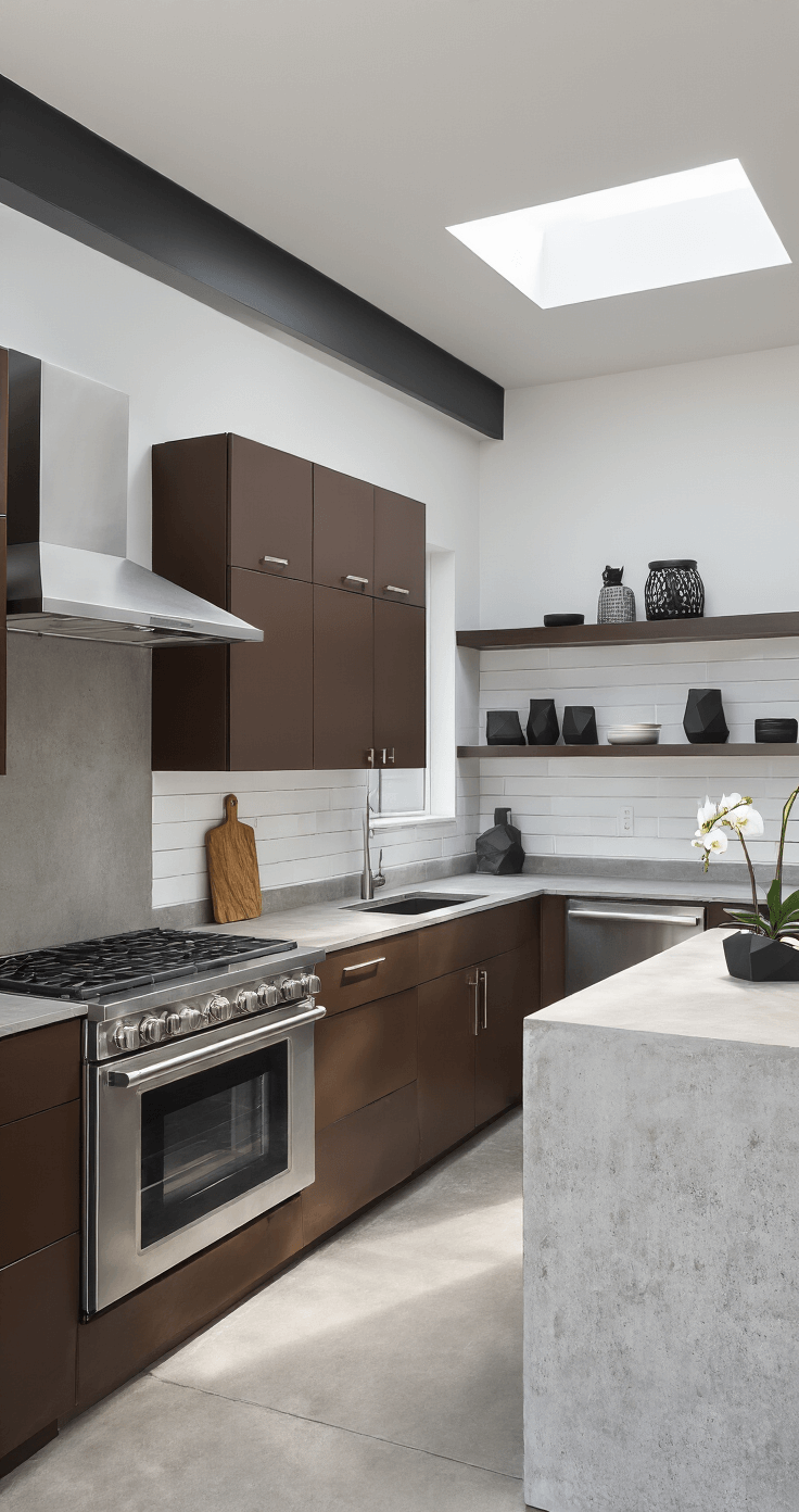 Espresso Kitchen Cabinets: The Ultimate Guide to Styling and Photographing Your Dream Space Modern minimalist kitchen featuring handleless espresso cabinets, stainless steel appliances, and a concrete waterfall countertop, styled with black geometric vessels and an orchid, photographed from a low angle.