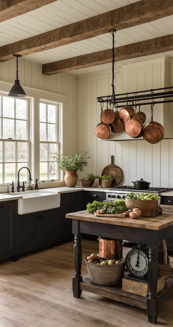 Espresso Kitchen Cabinets: The Ultimate Guide to Styling and Photographing Your Dream Space A sunlit farmhouse-inspired kitchen featuring exposed wooden beams, rich espresso cabinets, cream shiplap walls, vintage copper pots, and a weathered wood island with fresh produce, captured from a corner angle.