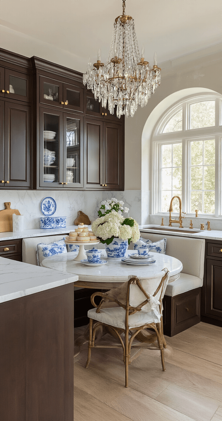 Espresso Kitchen Cabinets: The Ultimate Guide to Styling and Photographing Your Dream Space Transitional L-shaped kitchen featuring espresso cabinets with glass upper displays and champagne bronze hardware, white marble backsplash extending to the ceiling, and a crystal chandelier over a circular breakfast nook. The space is styled with blue-and-white chinoiserie, fresh hydrangeas, and a polished cake stand, captured during golden hour with a color palette of dark chocolate, ivory, gold, and powder blue.