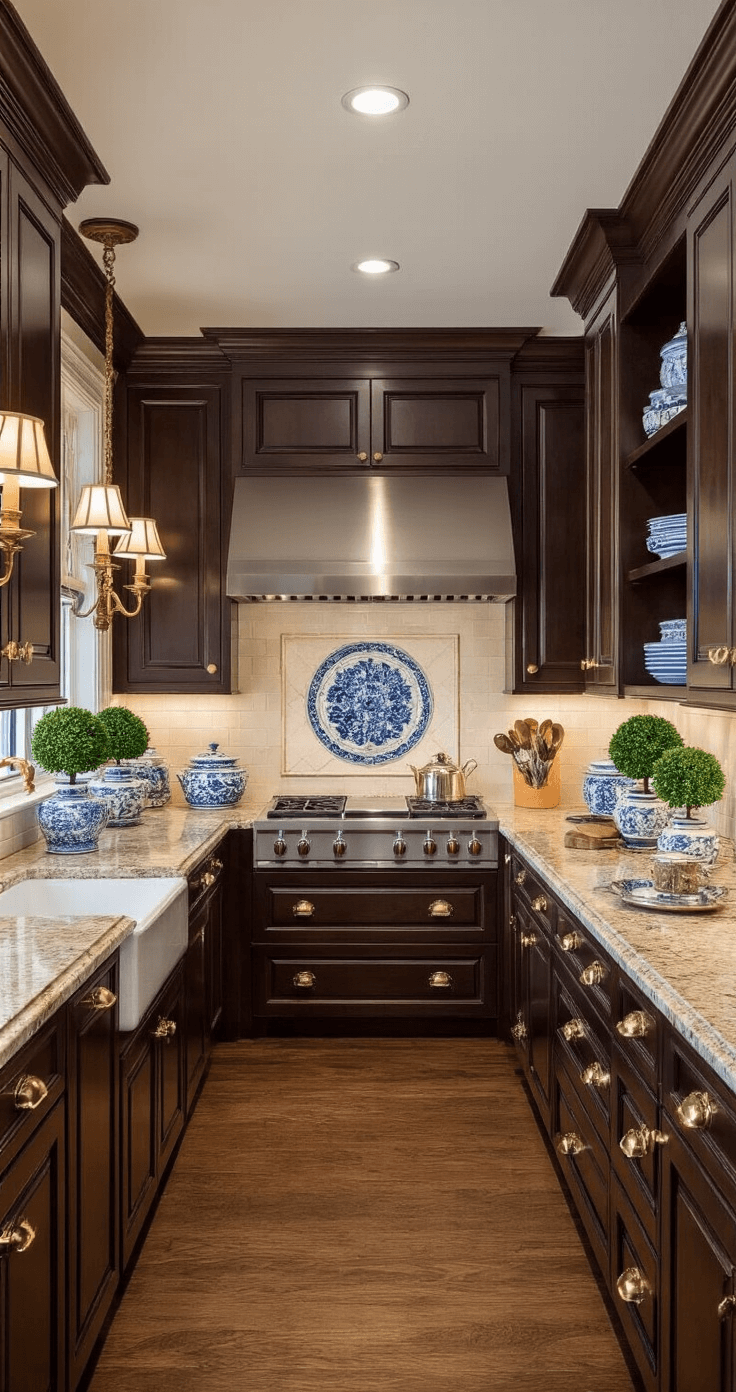 Espresso Kitchen Cabinets: The Ultimate Guide to Styling and Photographing Your Dream Space A traditional galley kitchen featuring rich espresso cabinets with carved details and antique brass pulls, cream granite countertops with complex veining, and vintage decor, photographed during blue hour to highlight the warm lighting and elegant color palette.