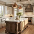A sunlit farmhouse kitchen featuring antique white cabinetry, a marble-topped island, copper pendant lights, and floor-to-ceiling windows, captured in a warm and inviting atmosphere during golden hour.