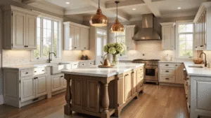 Antique White Kitchen Cabinets: Your Ultimate Design Guide A sunlit farmhouse kitchen featuring antique white cabinetry, a marble-topped island, copper pendant lights, and floor-to-ceiling windows, captured in a warm and inviting atmosphere during golden hour.