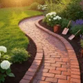 Aerial view of a curved cottage garden bed with terracotta brick edging, surrounded by blooming white hydrangeas and purple salvias, captured during golden hour with dramatic lighting and detailed textures.
