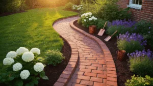 Brick Edging for Flower Beds: Transform Your Garden's Look Aerial view of a curved cottage garden bed with terracotta brick edging, surrounded by blooming white hydrangeas and purple salvias, captured during golden hour with dramatic lighting and detailed textures.