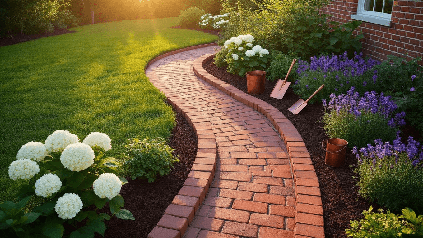 Aerial view of a curved cottage garden bed with terracotta brick edging, surrounded by blooming white hydrangeas and purple salvias, captured during golden hour with dramatic lighting and detailed textures.