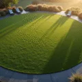Aerial view of a pristine circular lawn at golden hour, featuring a 20-foot diameter emerald grass circle with dark gray slate edging, modern aluminum loungers, and ornamental grasses, all surrounded by morning mist and soft, directional light.