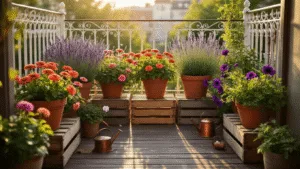 Creating a Stunning Small Flower Garden: Your Ultimate Guide to Compact Floral Spaces Cinematic overhead view of a sunlit urban balcony garden during golden hour, showcasing vibrant zinnias, lavender, and petunias in weathered pots, with warm light casting shadows on rustic floorboards and a blurred cityscape in the background.