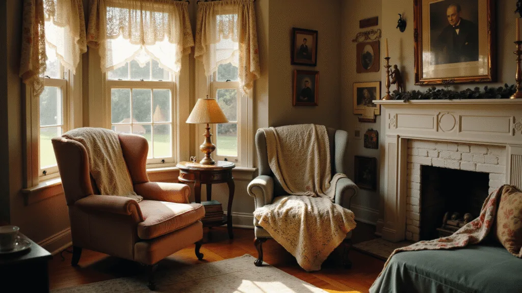 Grandmacore Living Room: A Nostalgic Haven of Comfort and Charm A cozy vintage living room filled with warm golden light, featuring a Victorian wingback chair, a dark cherry side table with a brass lamp and teacup, a faded Persian rug, family photographs, and a white brick fireplace, all highlighting a nostalgic, lived-in atmosphere.