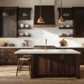 Photorealistic interior of a modern farmhouse kitchen featuring espresso-stained Shaker cabinets, a marble waterfall island, white subway tile backsplash, brass pendant lights, wide-plank oak floors, and vintage ceramic bowls, captured in golden hour light with a cinematic color grading.