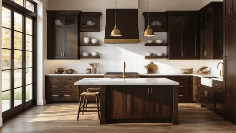 Dark Brown Kitchen Cabinets: A Timeless Design Choice for Warmth and Sophistication Photorealistic interior of a modern farmhouse kitchen featuring espresso-stained Shaker cabinets, a marble waterfall island, white subway tile backsplash, brass pendant lights, wide-plank oak floors, and vintage ceramic bowls, captured in golden hour light with a cinematic color grading.