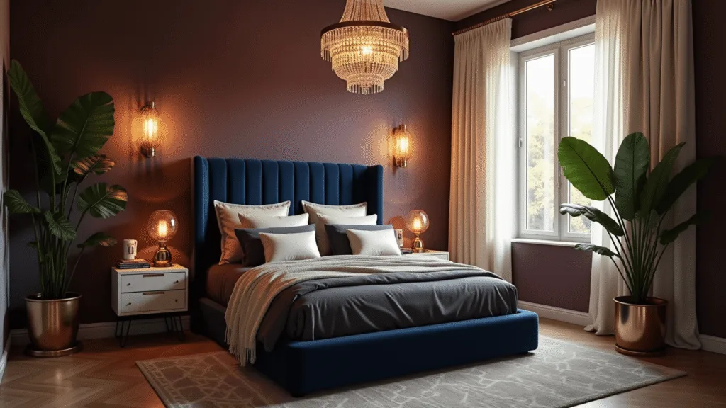 Dark and Cozy Bedroom: Your Ultimate Romantic Retreat Guide Cinematic wide-angle view of a luxurious master bedroom with deep plum walls, a king-sized bed with charcoal linen bedding, oversized midnight blue velvet headboard, warm golden hour light, and lush monstera plants, all captured in photorealistic detail.