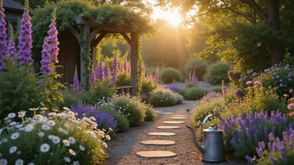 Creating Your Dream Backyard Cottage Garden: A Personal Guide A photorealistic wide shot of an enchanted English cottage garden at golden hour, featuring a winding gravel path, towering purple foxgloves, pink hollyhocks, and climbing David Austin roses, with soft golden light creating a dreamy ambiance and rich textures throughout the scene.