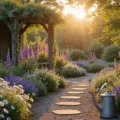 A photorealistic wide shot of an enchanted English cottage garden at golden hour, featuring a winding gravel path, towering purple foxgloves, pink hollyhocks, and climbing David Austin roses, with soft golden light creating a dreamy ambiance and rich textures throughout the scene.