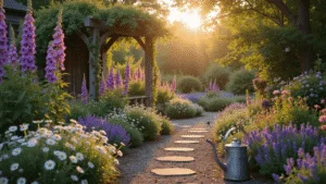 Creating Your Dream Backyard Cottage Garden: A Personal Guide A photorealistic wide shot of an enchanted English cottage garden at golden hour, featuring a winding gravel path, towering purple foxgloves, pink hollyhocks, and climbing David Austin roses, with soft golden light creating a dreamy ambiance and rich textures throughout the scene.