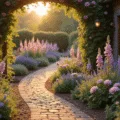 Photorealistic wide-angle shot of a dreamy English cottage garden at golden hour, featuring a winding brick path bordered by tall purple delphiniums and soft pink David Austin roses, with a weathered wooden arch draped in climbing roses and clematis. Vintage copper lanterns illuminate the scene, while morning dew sparkles on spider webs, creating a magical atmosphere with a soft, blurred background.
