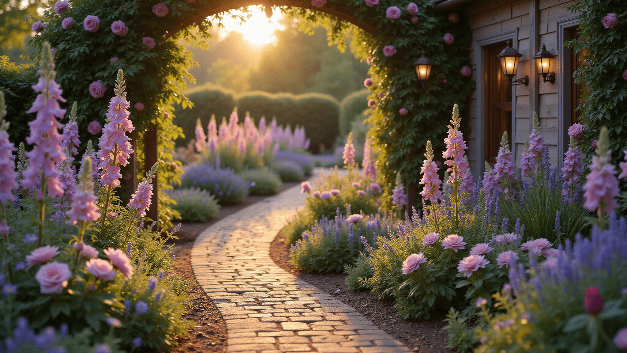 Photorealistic wide-angle shot of a dreamy English cottage garden at golden hour, featuring a winding brick path bordered by tall purple delphiniums and soft pink David Austin roses, with a weathered wooden arch draped in climbing roses and clematis. Vintage copper lanterns illuminate the scene, while morning dew sparkles on spider webs, creating a magical atmosphere with a soft, blurred background.