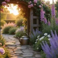 Photorealistic image of a charming cottage garden entrance at golden hour, featuring a wooden arch with climbing pink roses, a winding stone pathway, and colorful cottage flowers, including peonies and delphiniums, with sunlight creating magical bokeh effects.
