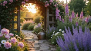 Creating a Charming Small Cottage Garden: Your Ultimate Guide Photorealistic image of a charming cottage garden entrance at golden hour, featuring a wooden arch with climbing pink roses, a winding stone pathway, and colorful cottage flowers, including peonies and delphiniums, with sunlight creating magical bokeh effects.