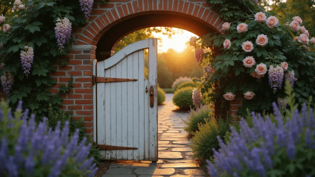 Cottage Garden Gate: Your Enchanting Entryway to Garden Magic A wide-angle view of a tall white picket gate framed by climbing roses and wisteria, set in a weathered brick archway during golden hour, featuring aged copper hardware and a winding stone pathway lined with lavender.