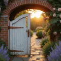 A wide-angle view of a tall white picket gate framed by climbing roses and wisteria, set in a weathered brick archway during golden hour, featuring aged copper hardware and a winding stone pathway lined with lavender.