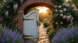 Cottage Garden Gate: Your Enchanting Entryway to Garden Magic A wide-angle view of a tall white picket gate framed by climbing roses and wisteria, set in a weathered brick archway during golden hour, featuring aged copper hardware and a winding stone pathway lined with lavender.
