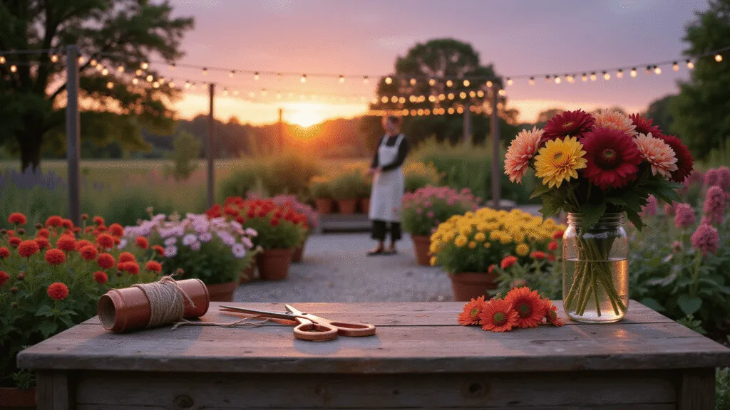 Creating Your Perfect Cut Flower Garden: A Comprehensive Guide Photorealistic image of a lush cutting garden at golden hour, featuring a weathered potting bench with copper scissors and vintage mason jars of zinnias, dahlias, and cosmos. Soft backlight highlights flower silhouettes against a dusky purple-pink sky, while a figure in a linen apron harvests blooms among raised beds of snapdragons and climbing roses, illuminated by twinkling string lights.