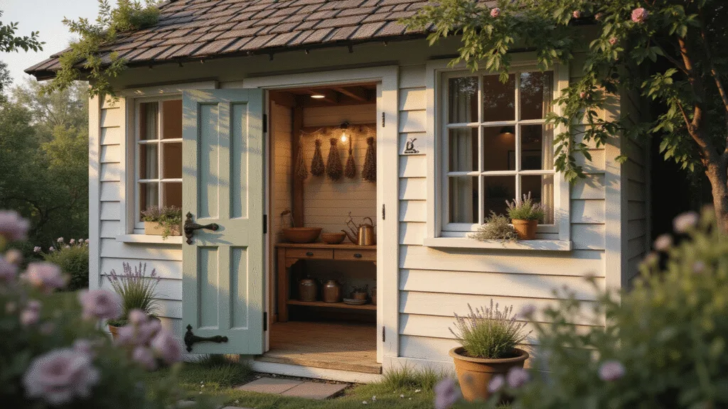 Cottage Garden Sheds: Your Ultimate Backyard Sanctuary Guide A photorealistic wide-angle shot of a charming English cottage garden shed, showcasing a weathered exterior with climbing roses and a curved wooden door, alongside an inviting interior featuring whitewashed walls, exposed beams, and a vintage potting bench, all illuminated by golden hour light and surrounded by soft bokeh cottage garden flowers.