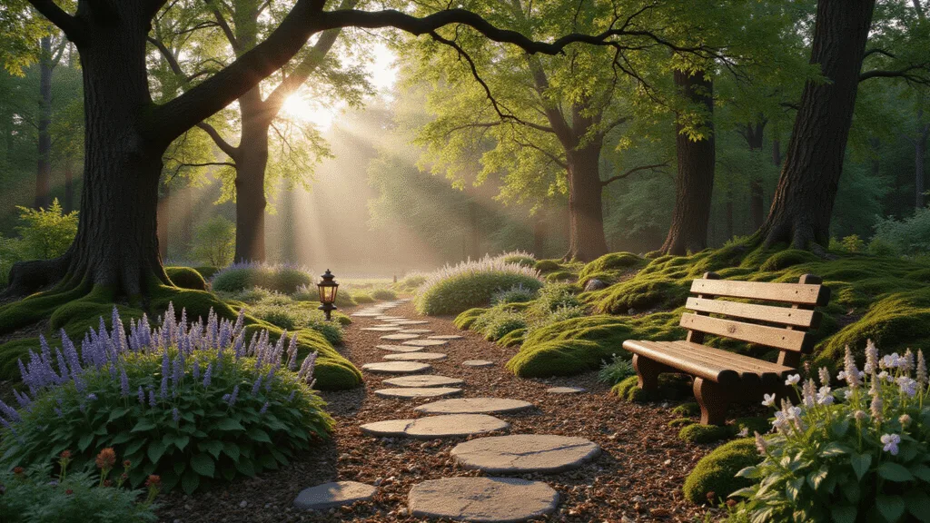 Creating Beautiful Gardens with Trees: Your Ultimate Guide to Woodland Landscaping A photorealistic woodland garden path at golden hour, lined with ancient trees and a weathered bench, featuring vibrant hostas, ferns, and bleeding hearts amidst dappled sunlight and morning mist, enhanced by copper lanterns and rich earth tones.
