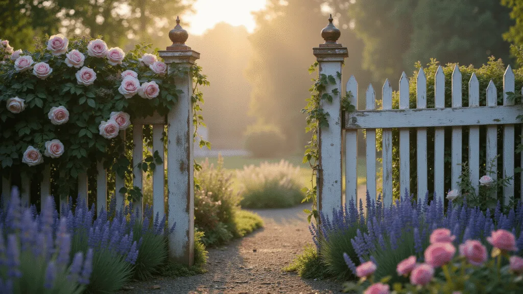 A romantic vintage cottage garden featuring a weathered white picket fence adorned with soft pink 'New Dawn' roses, blooming foxgloves, and a gravel path, all bathed in golden hour light with soft bokeh and ethereal mist.