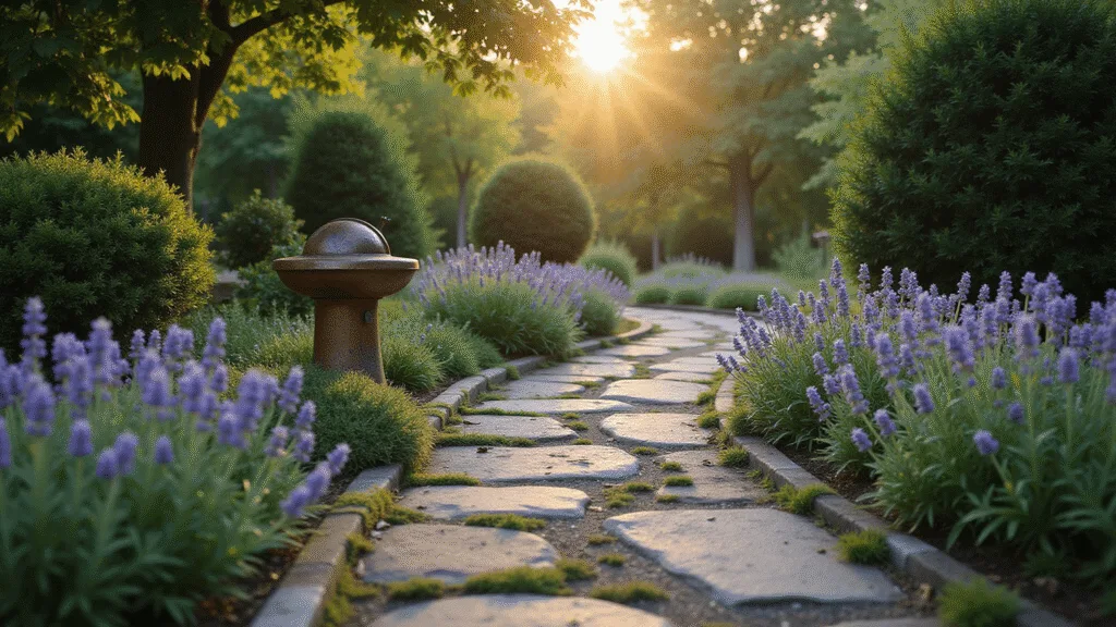 Garden Pathways: Your Ultimate Guide to Creating Stunning Outdoor Walkways A winding flagstone pathway through an English cottage garden at golden hour, featuring weathered gray and rust-colored stones, moss, lavender, and catmint, framed by boxwood hedges and dappled sunlight filtering through maple trees, with a copper sundial as a focal point.