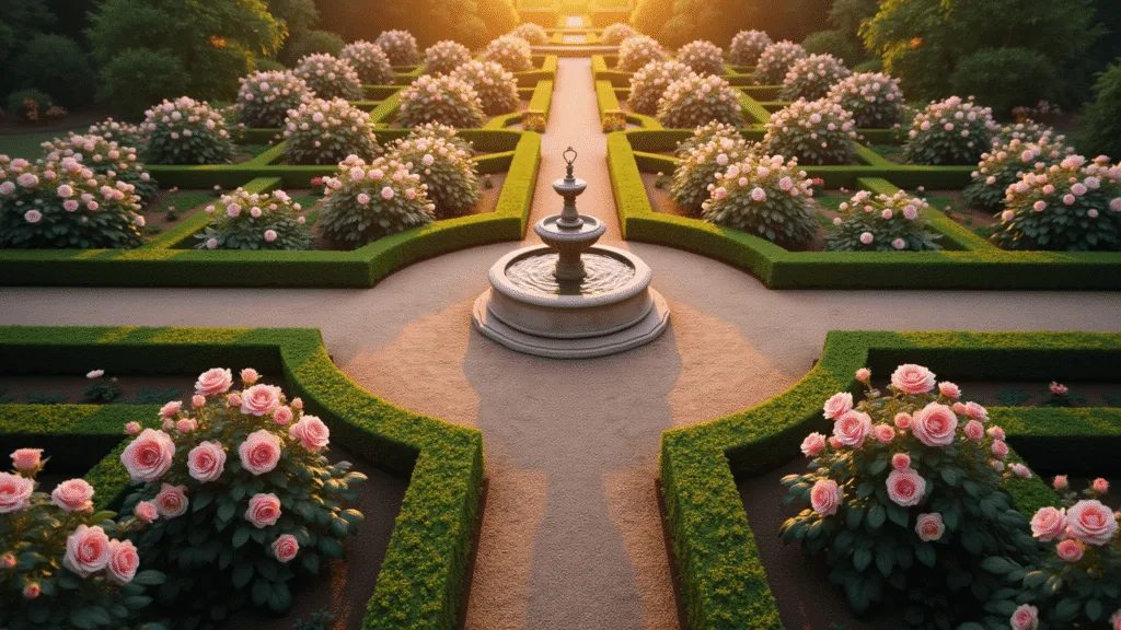 Creating a Stunning Rose Garden: Your Ultimate Design Guide Aerial view of a formal English rose garden at golden hour, featuring symmetrical design with pink and cream David Austin roses, a limestone fountain, and boxwood hedges, all illuminated by warm sunlight.