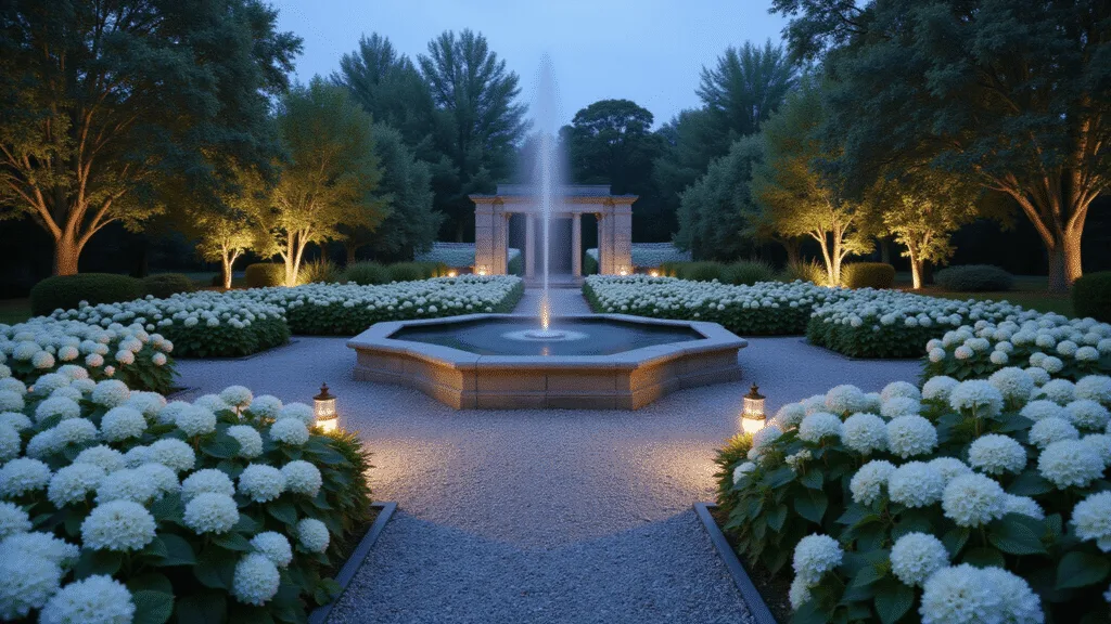 Creating a Magical White Flower Garden: Your Ultimate Design Guide A cinematic wide-angle view of an ethereal twilight garden featuring white hydrangeas, silver-leafed artemisia, and a weathered stone fountain, under cool blue hour lighting with warm uplighting on plants, creating a dreamy, mystical atmosphere.