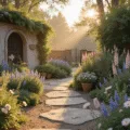 A dreamy French cottage garden at golden hour, featuring lavender, 'New Dawn' roses, peonies, and foxgloves, with a winding stone pathway, vintage pots, and soft mist creating a romantic atmosphere.