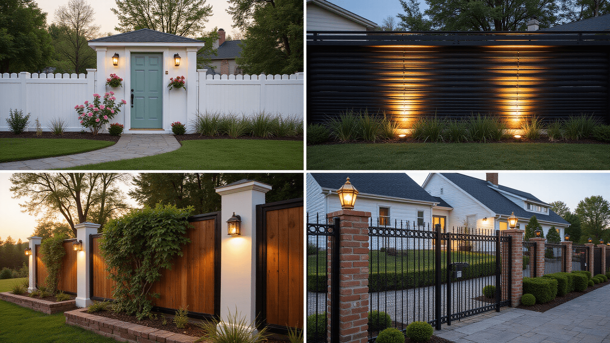 A cinematic collage showcasing four front garden fence styles at golden hour: a white picket fence adorned with pink roses, a modern black slat fence with LED uplighting, a rustic cedar fence with climbing ivy, and an ornate wrought iron estate fence with gold-leafed finials, all captured in high detail with dramatic lighting and a professional photography aesthetic.