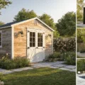 Photorealistic image of a garden shed collection featuring a classic wooden shed with weathered cedar planks and French doors, surrounded by climbing roses and a cottage garden, along with modern and traditional shed variations, all captured in golden hour lighting with cinematic color grading and shallow depth of field.