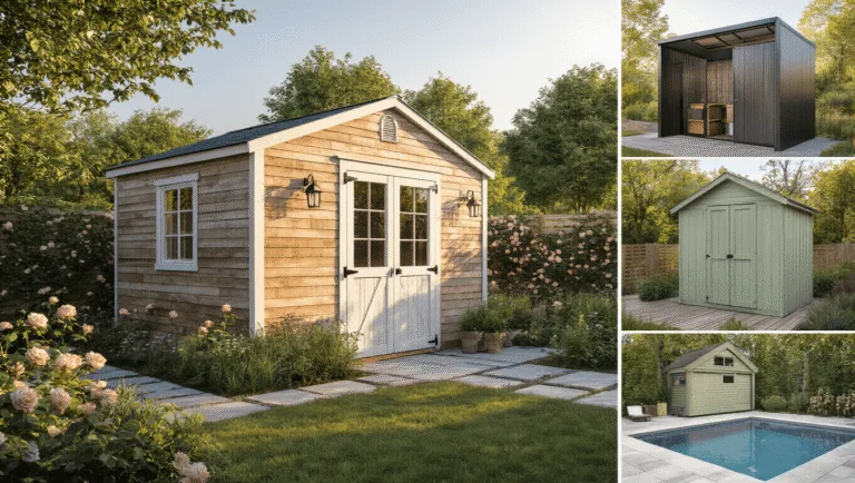 Photorealistic image of a garden shed collection featuring a classic wooden shed with weathered cedar planks and French doors, surrounded by climbing roses and a cottage garden, along with modern and traditional shed variations, all captured in golden hour lighting with cinematic color grading and shallow depth of field.