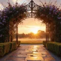 A grand garden entrance featuring a 12-foot ornate metal arch trellis adorned with burgundy climbing roses and purple clematis, illuminated by a golden sunset, with a weathered stone pathway and manicured box hedges flanking the sides, vintage copper lanterns casting warm light, captured in hyperrealistic style with shallow depth of field and soft bokeh, emphasizing warm tones and deep greens.