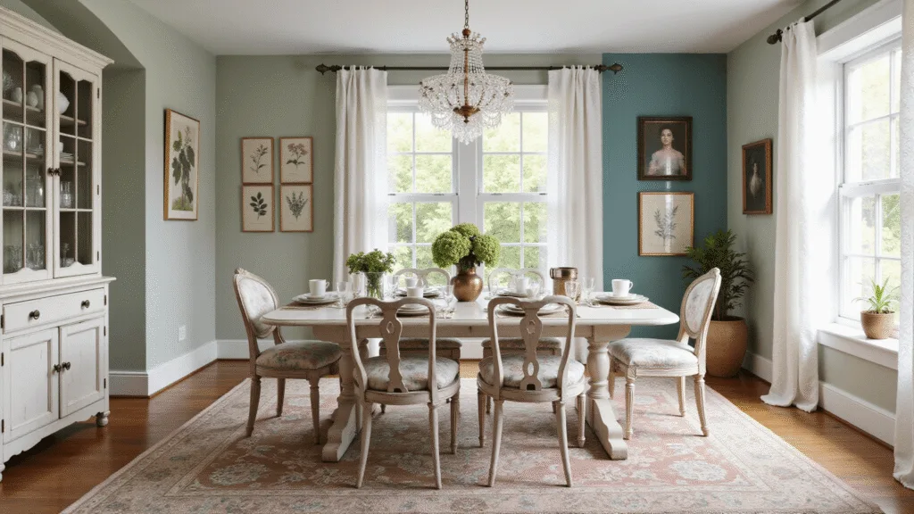 A sunlit dining room featuring sage green walls, an antique white farmhouse table, mismatched vintage chairs, and a crystal chandelier, adorned with fresh hydrangeas and layered tablescapes, showcasing a blend of vintage and modern decor.