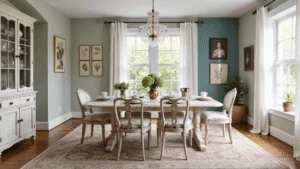 Granny Chic Dining Room: Creating Cozy Vintage Charm in Your Home A sunlit dining room featuring sage green walls, an antique white farmhouse table, mismatched vintage chairs, and a crystal chandelier, adorned with fresh hydrangeas and layered tablescapes, showcasing a blend of vintage and modern decor.