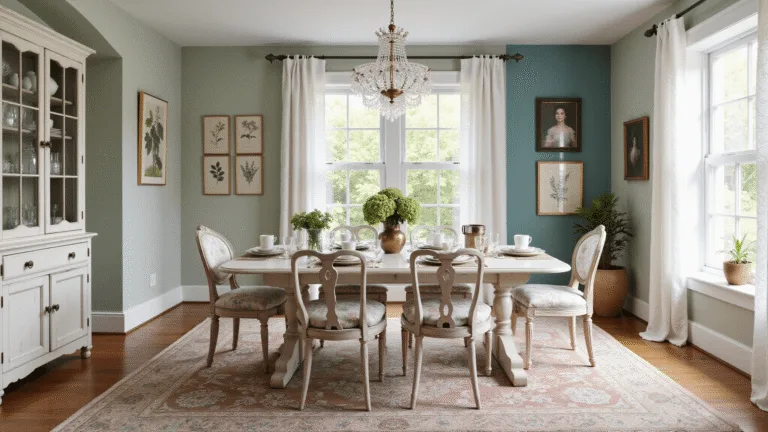 Granny Chic Dining Room: Creating Cozy Vintage Charm in Your Home A sunlit dining room featuring sage green walls, an antique white farmhouse table, mismatched vintage chairs, and a crystal chandelier, adorned with fresh hydrangeas and layered tablescapes, showcasing a blend of vintage and modern decor.